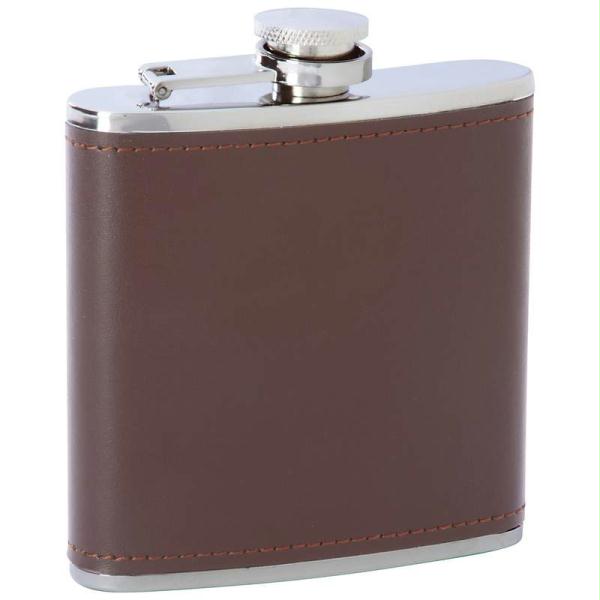 Picture of Maxam 6oz Stainless Steel Flask With Brown Genuine Leather Wrap