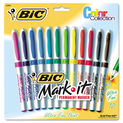 Picture of Bic GPMUP12-ASST Mark-It Permanent Markers  Ultra-Fine Point  Assorted Colors  Dozen