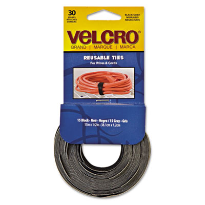 Picture of Hook Eye Adhesive 94257 Reusable Self-Gripping Cable Ties  .5 x 15 inches  Black-Gray  30 Ties Each