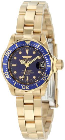 Womens Pro Diver Gold Tone Stainless Steel Case and Bracelet Blue Tone Dial Quartz Watch