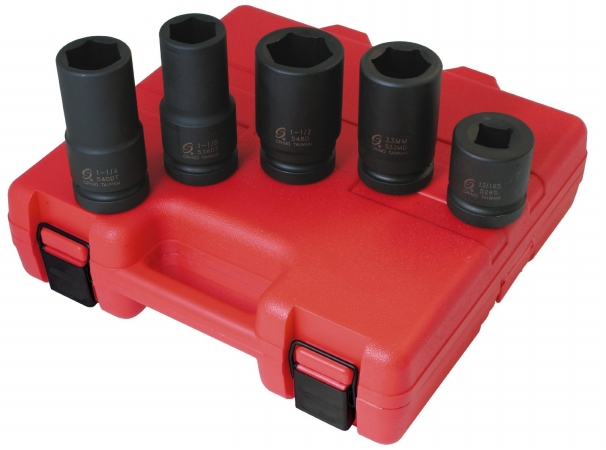 Sunex 1 Inch Drive SAE & Metric 6 Point Wheel Service Impact Socket Set, 5 Piece - 5685