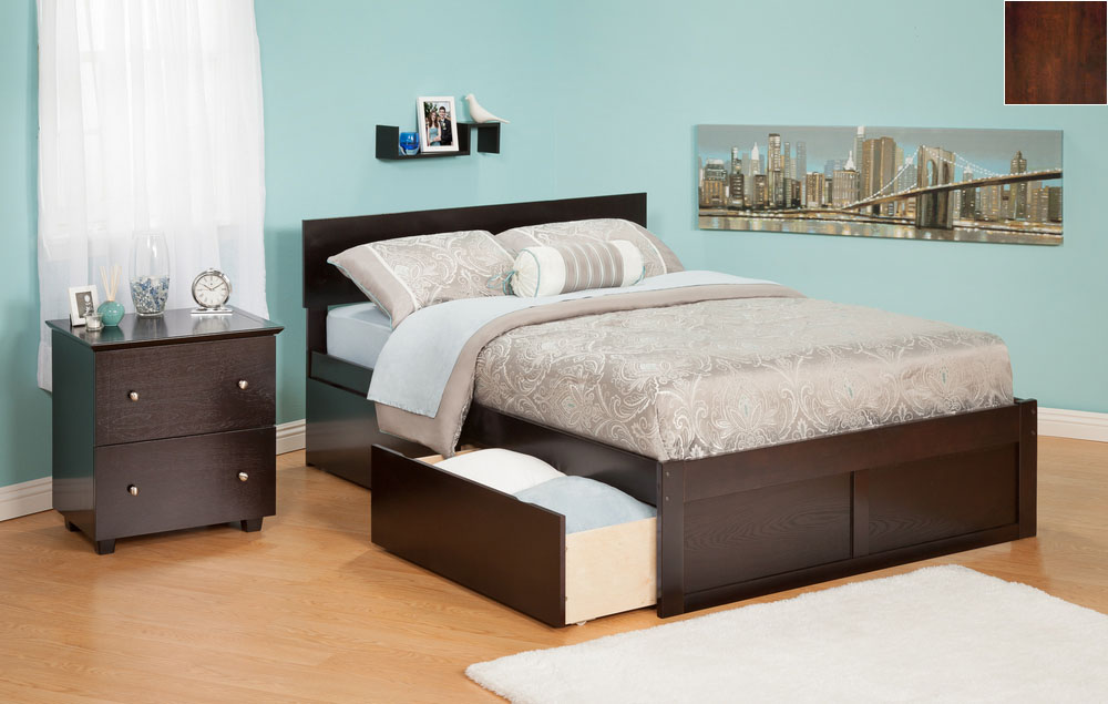 Picture of Atlantic Furniture AR8122114 Orlando Twin Bed with Flat Panel Foot Board and Urban Bed Drawers in an Antique Walnut Finish