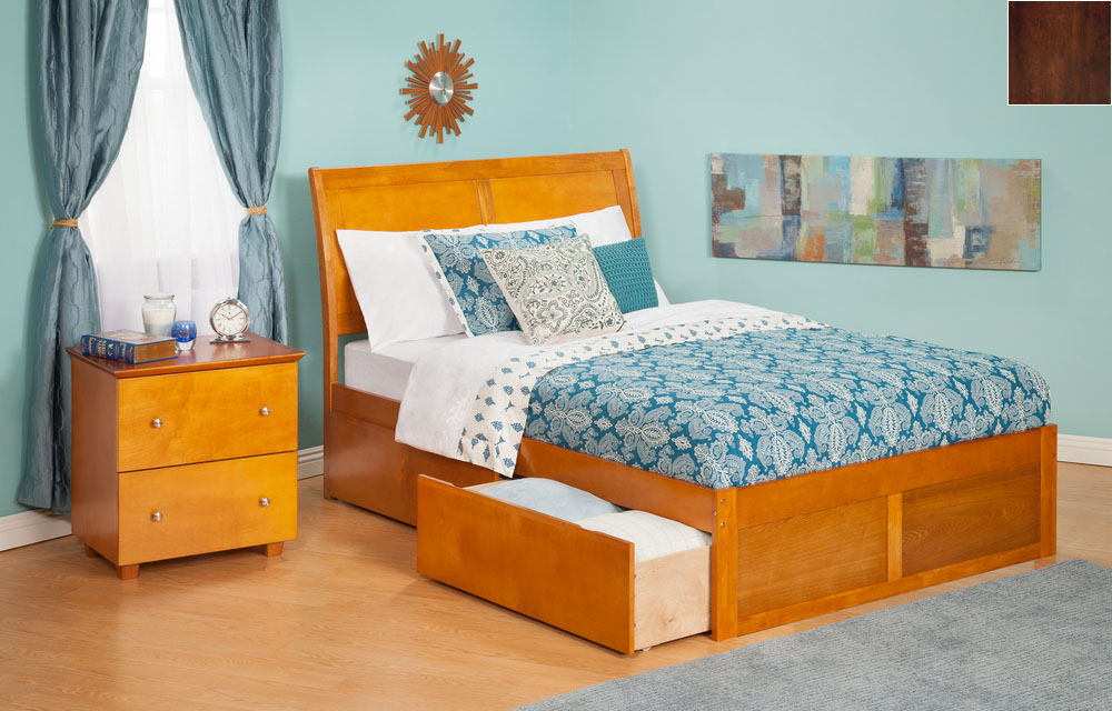 AR8922114 Portland Twin Bed with Flat Panel Footboard and Urban Bed Drawers in an Antique Walnut Finish -  Atlantic Furniture