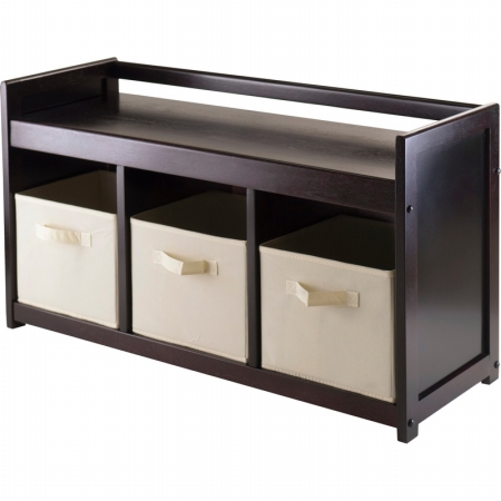 92701 Addison 4pc Storage Bench with 3 Foldable Fabric baskets in Beige - Espresso - Chocolate