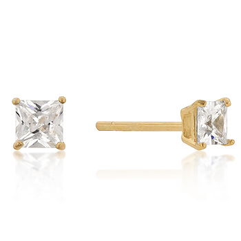 4mm New Sterling Princess Cut CZ Studs Gold