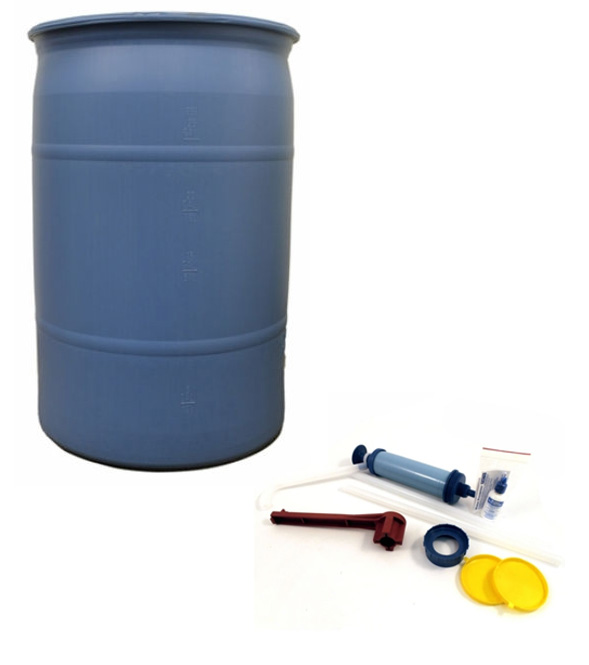 30 Gallon Water Storage Barrel Package - Blue - Includes Essential Accessories