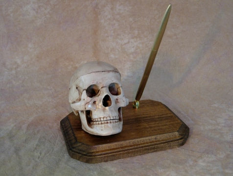 MIS-200 Skull Pen Holder on wood Plaque