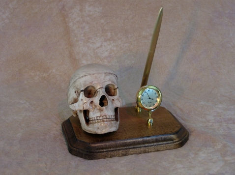 Skull Pen Holder on wood Plaque with Clock