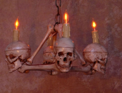Chandelier Skull-Bone  4 Medium Skulls on Femur Frame