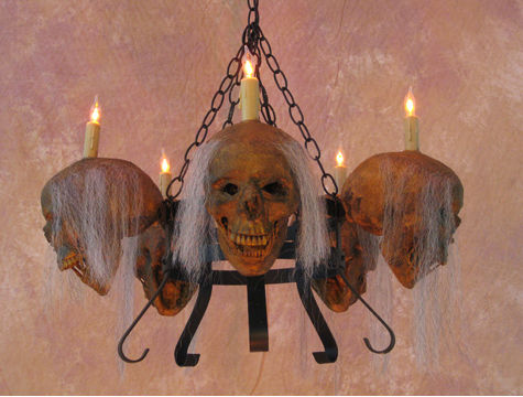 Chandelier Skull-Metal  5 Corpsed Skulls on Dual Metal Frame