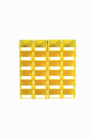 Wall Storage Unit W/ (24) 5-3/8" L x 4-1/8" W x 3" H Yellow Bins & Wall Mount Rails