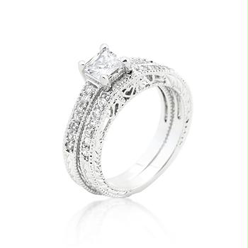 Princess Cut Filigree Bridal Ring Set, Size : 08