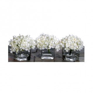 Vickerman Set of 3 White Hydrangea Artificial Floral Arrangements in Clear Vases