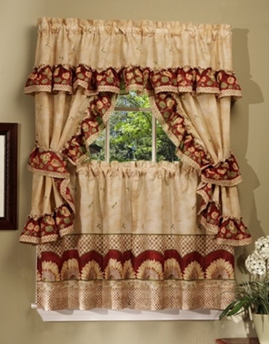 Picture of Achim SFCS24AN06 Sunflower Cottage Set - 57 in. x 24 in. Tier Pair-57 in. x 36 in. Ruffled Topper with attached valance and tiebacks.