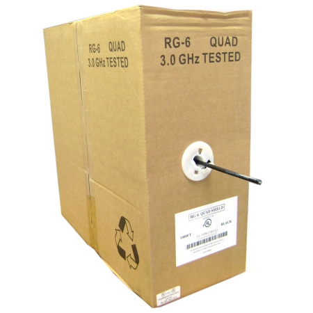 Quad Shielded Bulk RG6 Coaxial Cable, Black, 18 AWG, Solid CCS Core, Pullbox, 1000 foot
