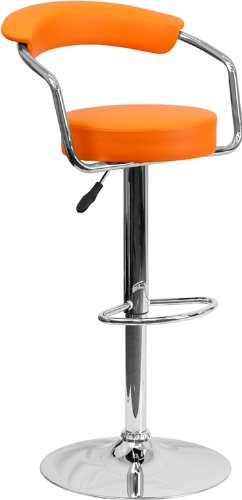 CH-TC3-1060-ORG-GG Contemporary Orange Vinyl Adjustable Height Bar Stool with Arms and Chrome Base -  Flash Furniture