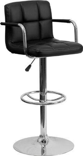 CH-102029-BK-GG Contemporary Black Quilted Vinyl Adjustable Height Bar Stool with Arms and Chrome Base