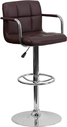 CH-102029-BRN-GG Contemporary Brown Quilted Vinyl Adjustable Height Bar Stool with Arms and Chrome Base