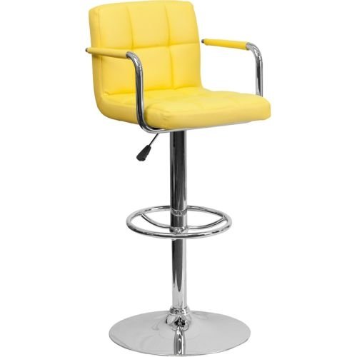 CH-102029-YEL-GG Contemporary Yellow Quilted Vinyl Adjustable Height Bar Stool with Arms and Chrome Base