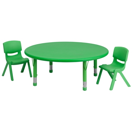YU-YCX-0053-2-ROUND-TBL-GREEN-R-GG 45 in. Round Adjustable Green Plastic Activity Table Set with 2 School Stack Chairs
