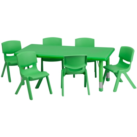 Picture of Flash Furniture YU-YCX-0013-2-RECT-TBL-GREEN-E-GG 24 in. W x 48 in. L Adjustable Rectangular Green Plastic Activity Table Set with 6 School Stack Chairs