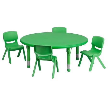 YU-YCX-0053-2-ROUND-TBL-GREEN-E-GG 45 in. Round Adjustable Green Plastic Activity Table Set with 4 School Stack Chairs