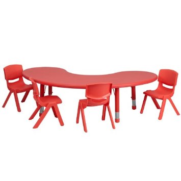 YU-YCX-0043-2-MOON-TBL-RED-E-GG 35 in. W x 65 in. L Adjustable Half-Moon Red Plastic Activity Table Set with 4 School Stack Chairs