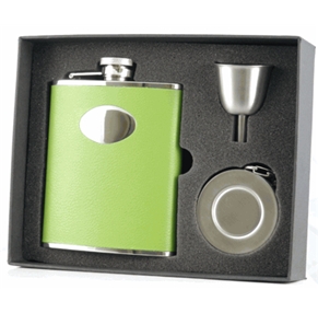 Picture of Visol VSET32-1124 Green Leather Stainless Steel Hip Flask&#44; Telescopic Shot Cup and Funnel Gift Set - 6 oz