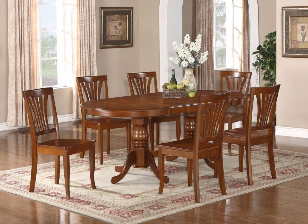 Wooden Imports Furniture AV7-SBR-W 7PC Avon Dining Table and 6 Wood Seat Chairs in Saddle Brown Finish -  Wooden Imports Furniture LLC, AVON7-SBR-W