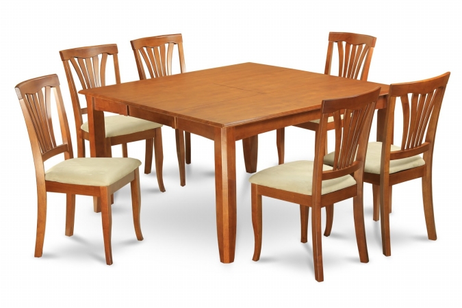 9PC Parfait Square Table with 18in.Butterfly Leaf & 8 Microfiber upholstered Seat Chairs in Saddle Brown Finish