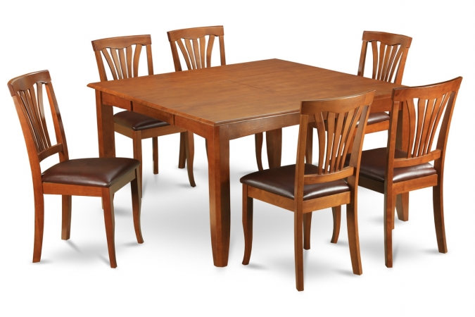9PC Parfait Square Table with 18''Butterfly Leaf & 8 Faux Leather upholstered Seat Chairs in Saddle Brown Finish