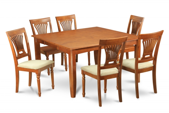 9PC Parfait Square Table with 18in.Butterfly Leaf & 8 Microfiber upholstered Seat Chairs in Saddle Brown Finish