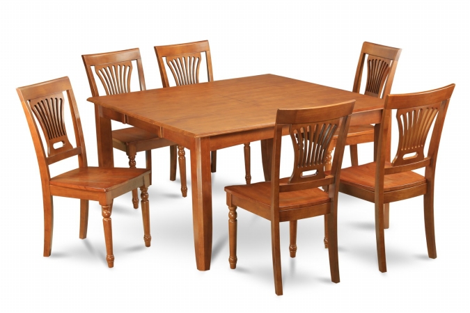 9PC Parfait Square Table with 18in.Butterfly Leaf & 8 Faux Leather upholstered Seat Chairs in Saddle Brown Finish