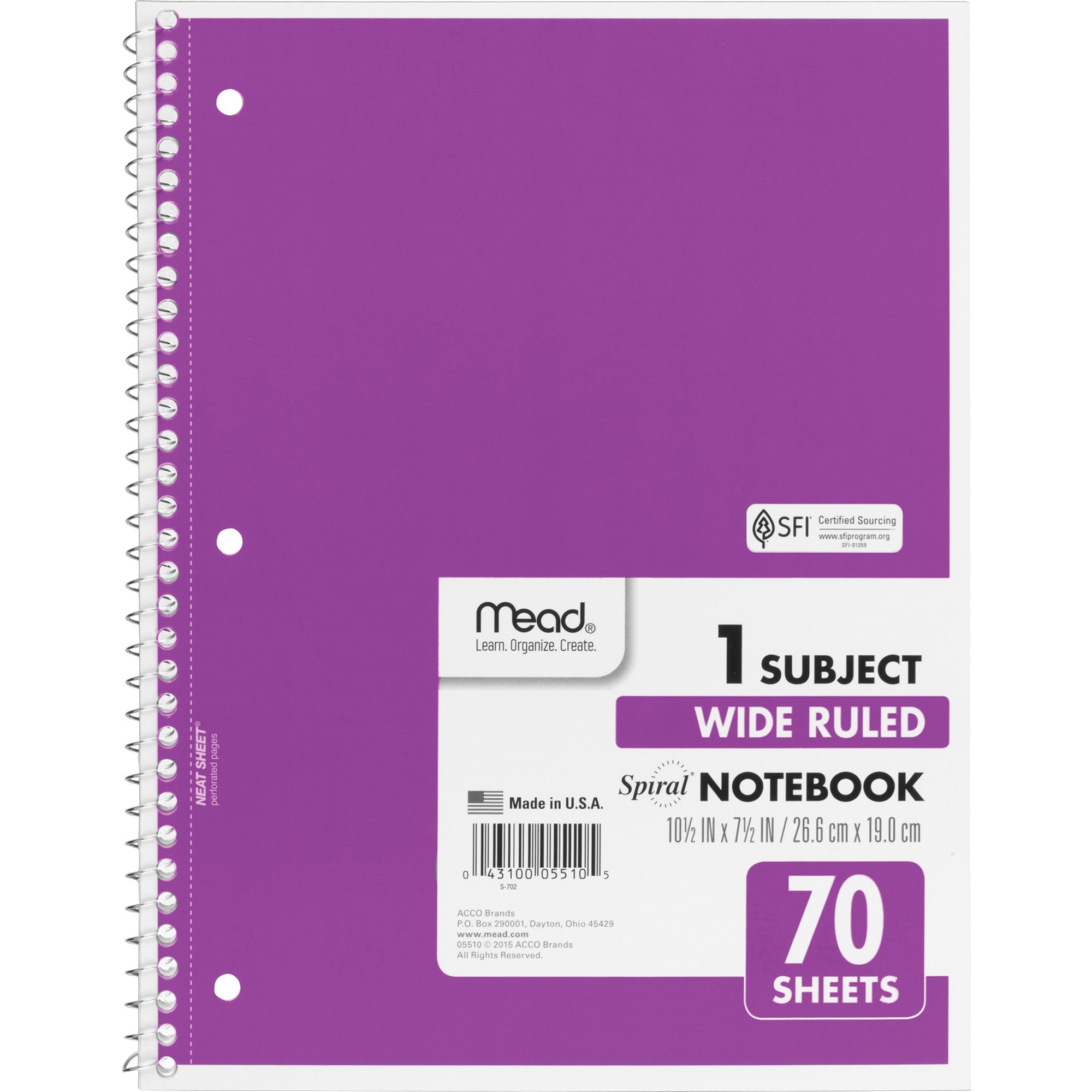 DDI 941120  1 Subject Wide Ruled Spiral Notebook -  70 Sheets  (assorted Color) -  Mead, MEA05510