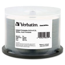 Picture of Verbatim VER98319 DVD-R- DL- IJ Hub Printable- 8X- 8.5GB- 50-PK- White