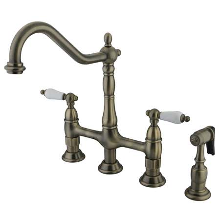Picture of Kingston Brass KS1273PLBS Heritage Kitchen Bridge Faucet with Brass Sprayer  Antique Brass