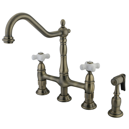 Picture of Kingston Brass KS1273PXBS Kitchen Bridge Faucet with Side Sprayer  Antique Brass