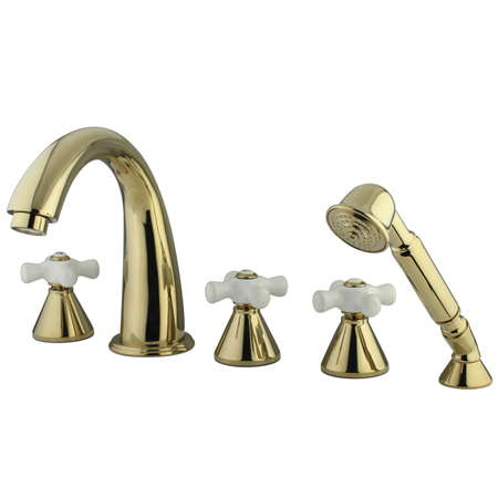 Three Handle Roman Tub Filler with Hand Shower - Polished Brass