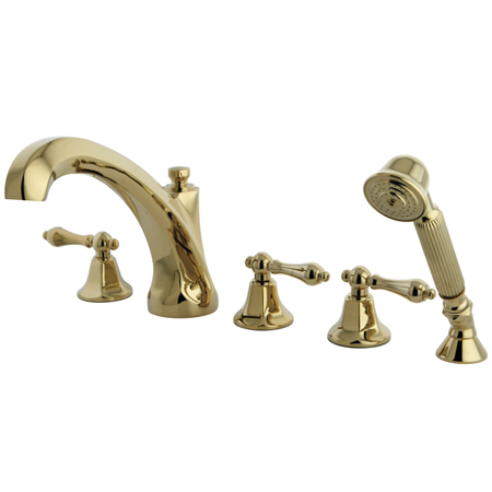 Three Handle Roman Tub Filler with Hand Shower - Polished Brass