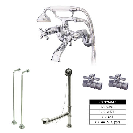 Vintage Wall Mount Clawfoot Tub Faucet Package in Polished Chrome