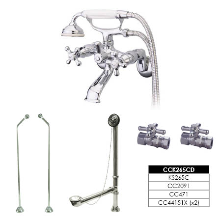 CCK265CD Vintage Wall Mount Clawfoot Tub Faucet Package with Offset Supply Lines in Polished Chrome