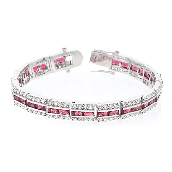 Picture of Genuine Rhodium Plated 7.25 Inch Bracelet with Three Rows of Radiant Red and Round Cut Clear Cubic Zirconia in a Channel Setting and a Box Clasp in Silvertone
