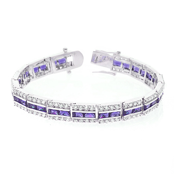 Picture of Genuine Rhodium Plated 7.25 Inch Bracelet with Three Rows of Radiant Purple and Round Cut Clear Cubic Zirconia in a Channel Setting and a Box Clasp in Silvertone