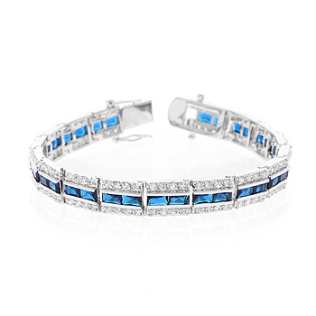 Picture of Genuine Rhodium Plated 7.25 Inch Bracelet with Three Rows of Radiant Blue and Round Cut Clear Cubic Zirconia in a Channel Setting and a Box Clasp in Silvertone
