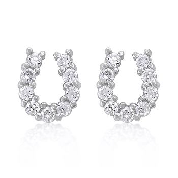 Picture of Genuine Rhodium Plated Horseshoe Stud Earrings with Prong Set Round Cut Clear Cubic Zirconia in Silvertone
