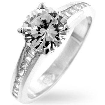 Genuine Rhodium Plated Classic Clear Engagement Ring with Round Cut Clear CZ in Silvertone - Size 6