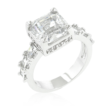 Picture of Genuine Rhodium Plated Asscher Cut Engagement Ring Featuring Round Cut Accent Stones in Silvertone - Size 7