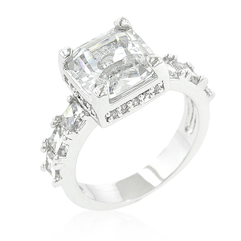 Genuine Rhodium Plated Asscher Cut Engagement Ring Featuring Round Cut Accent Stones in Silvertone - Size 10
