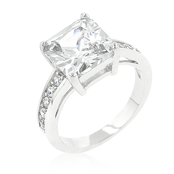 Picture of Genuine Rhodium Plated Raised Pave Engagement Ring Featuring a 10 mm Princess Cut Center Stone and 2 mm Side Stones in Silvertone - Size 6
