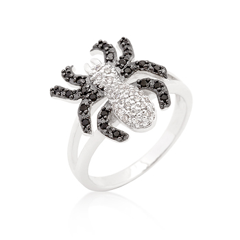 Genuine Rhodium Plated Spider Ring with Jet Black and Clear Cubic Zirconia in Pave Setting in Silvertone - Size 8